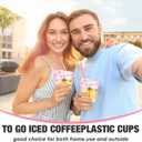 Ziliny 50 Pack 12oz Pink Clear Plastic Cups with Lids and Straws, PET Disposable Drinking Cups, Disposable Iced Coffee Cup for Smoothies, Cold Drinks, Parties, Wedding, Meeting, Drink Shops