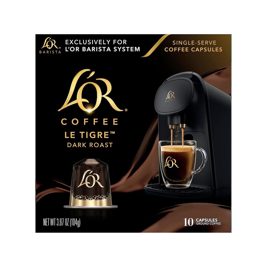 L'OR Coffee Pods, 10 Count Le Tigre Dark Roast Blend, Single-Serve Aluminum Coffee Capsules Compatible with the L'OR BARISTA System, 10 count (Pack of 1) (EXP 05/25/27)