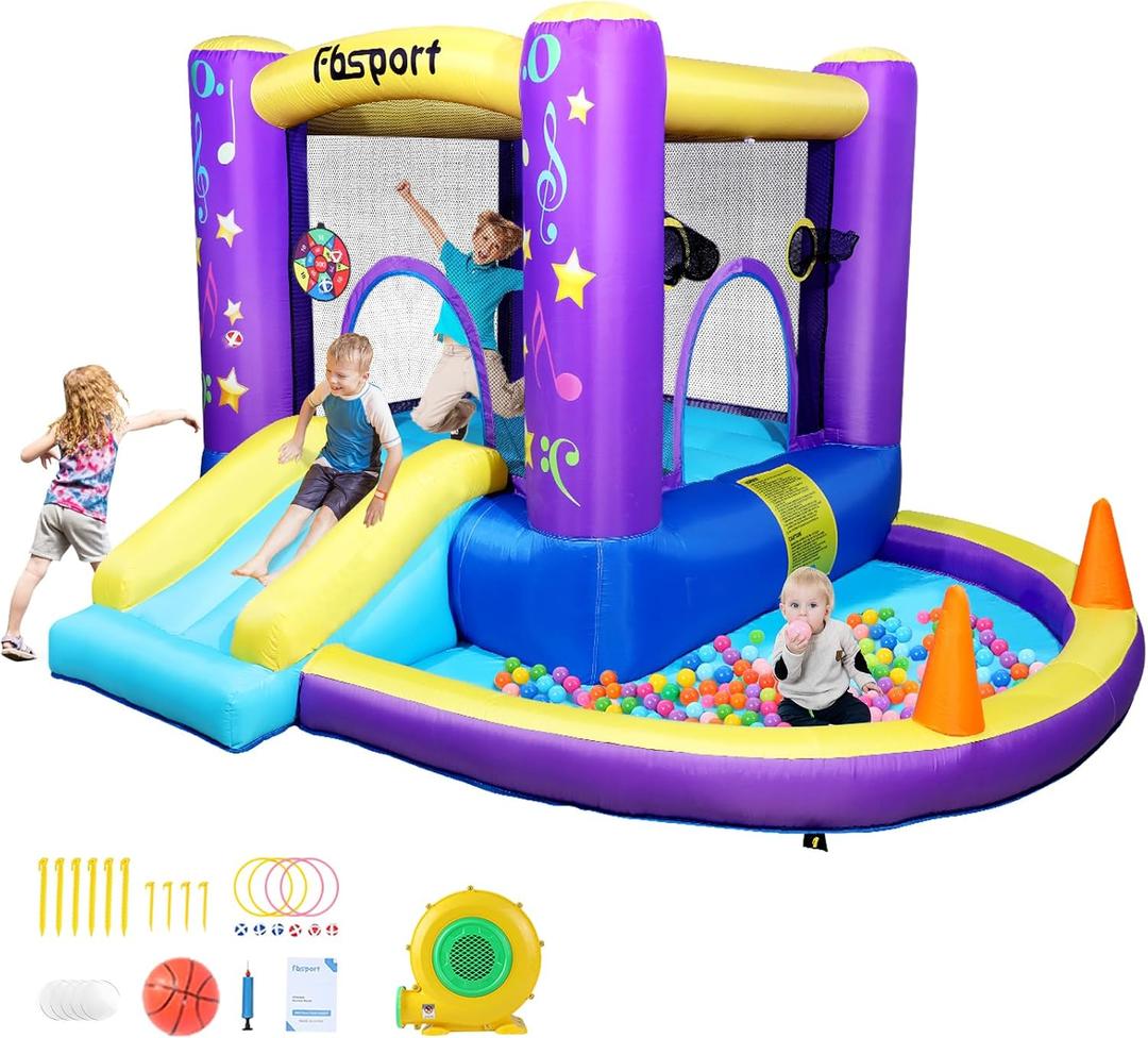 FBSPORT Inflatable Bounce House, Kids Bounce Castle Slide for Indoor Outdoor, Toddler Baby Water Jumper Bouncer, Kids Jumping Bouncy House with Blower, Ball Pit Pool, Basketball Hoop, Dart Game,Purple, 9.35 ft L x 8.7 ft W x 5.7 ft H
