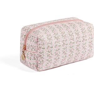 Cute Floral Makeup Bag Small Cotton Quilted Cosmetic Bag, Aesthetic Essential Bag Emergency Bag Gift for Women Girls Travel Accessories (Pink Floral)