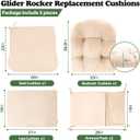 JZHLLA Glider Rocker Replacement Cushion Set with Storage Pockets Soft Flannel Fabric & High-Resilience Foam Non-Slip Back Rocking Chair Cushion for Living Room Rocking Chair(Beige)