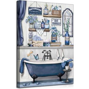 Navy Blue Bathroom Rules Canvas Wall Art Blue Farmhouse Toilet Painting Picture Wall Decor Poster Prints Artwork for Washroom Lavatory Home Decoration