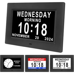 Johnziny 7 Inch Digital Clock with Day and Date for Elderly Large Display Digital for Elderly Dementia Clock Alarms, 12 Alarms and 8 Tags,4 Colors Display Calendar Alarm Clock(Black)