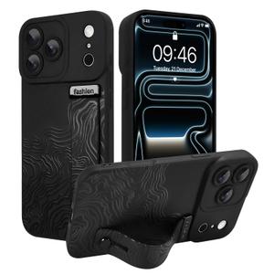 Jefonha Silicone Case for iPhone 17 Pro with Strap Stand, Black Lines