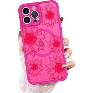 OOK Phone Case Design for iPhone 12 Pro Max Case [Compatible with MagSafe], Cute Sunflower Floral Blooms Design Frosted Shockproof for Women Girls Magnetic Phone Cover - Hot Pink Flower