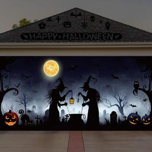 Preboun Halloween Garage Door Decorations Witch Door Cover Hanging Halloween Garage Banner Cauldron Backdrop Mural for Home Outdoor Indoor Spooky Party Wall Window Yard, 7 x 16 ft