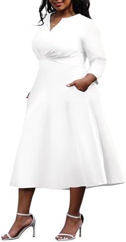 Nmoder Women's Plus Size Stretchy Flared Wrap Dress Casual Wedding Guest Midi Dresses V Neck 3/4 Sleeve A-Line Swing Dress Size 3X