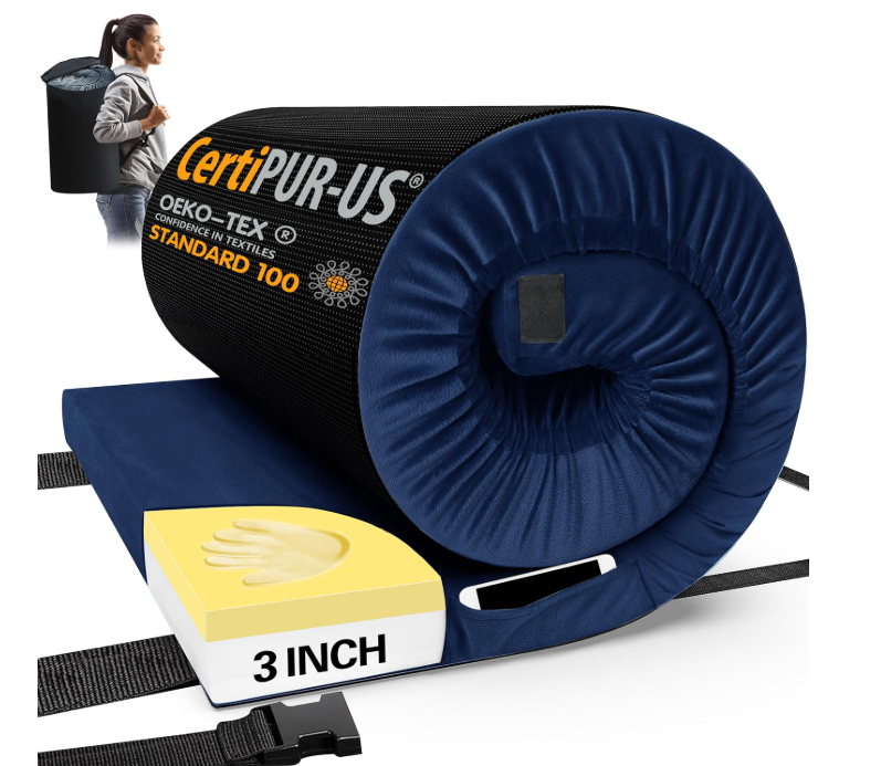 CYMULA Memory Foam Camping Mattress Pad, CertiPUR-US Sleeping Mat, Portable Roll Up Mattress for Adults, Camping Bed Pads for Sleepover, Car Bed with Travel Bag
