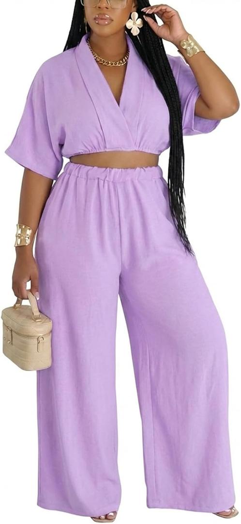 Choichic 2 Piece Sets for Women Summer Batwing Sleeve Crop Top and Wide Leg Pants Set Jumpsuits Beach Vacation Outfits (XL, Purple)