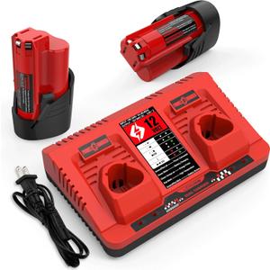 energup 2Pack 12V 3.5Ah Replacement Milwaukee M12 Battery and Charger Kit for 48-11-2420 48-11-2401 48-11-2411 M12 Battery for Milwaukee 12Volt Battery with 2-Port Dual Milwaukee 12V Battery Charger