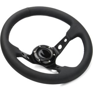 Universal 6 Bolts Racing Steering Wheel 320mm 12.5" Black Genuine Leather Grip Aluminum Frame Deep Dish Sports Drifting Steering Wheel with Horn Button