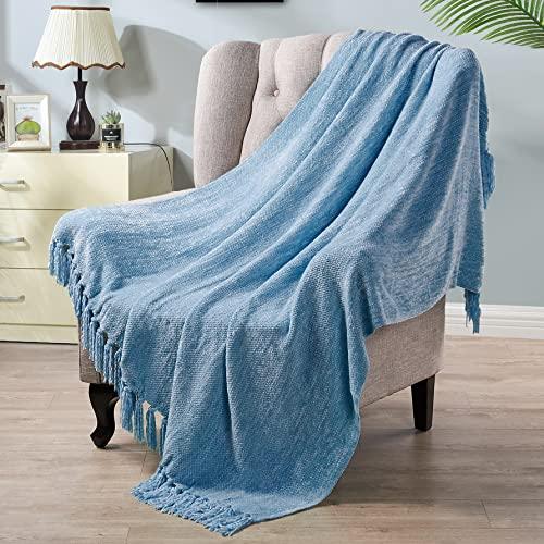 Pack of 2 BYTIDE Chenille Knitted Throw Blankets with Fringe Tassels, Velvety Soft Textured Lightweight Afghan Mexican Decorative Throw Blankets for Couch Bed Sofa Chair Outdoor (Dark Pastel Blue 50 x 60 in)