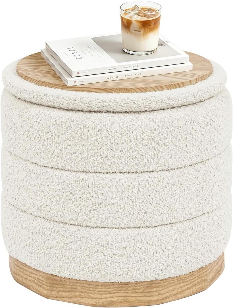 B FSOBEIIALEO Round Storage Ottoman with Tray, Folding Ottoman with Storage Coffee Table Foot Rest for Dorm Room Living Room Chenille Fabric,Wood-Grain Leather Base,White,15.35"x15.35"x14.57"