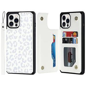 Cavor for iPhone 12 Case with Card Holder,iPhone 12 Wallet Case for Women Men,Phone Cases for iPhone 12 Pro Case with Stand & Strap,Leopard Grain Leather Shockproof Protective Case Cover- Gray