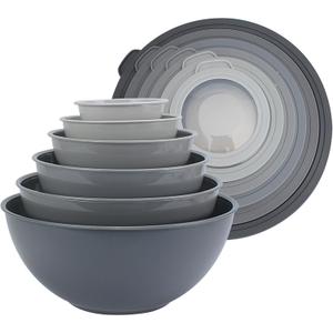COOK WITH COLOR Mixing Bowls Set with TPR Lids - 12 Piece Plastic Nesting Bowls Set includes 6 Prep Bowls and 6 Lids, Microwave Safe (Grey) (Grey TPR Lids)