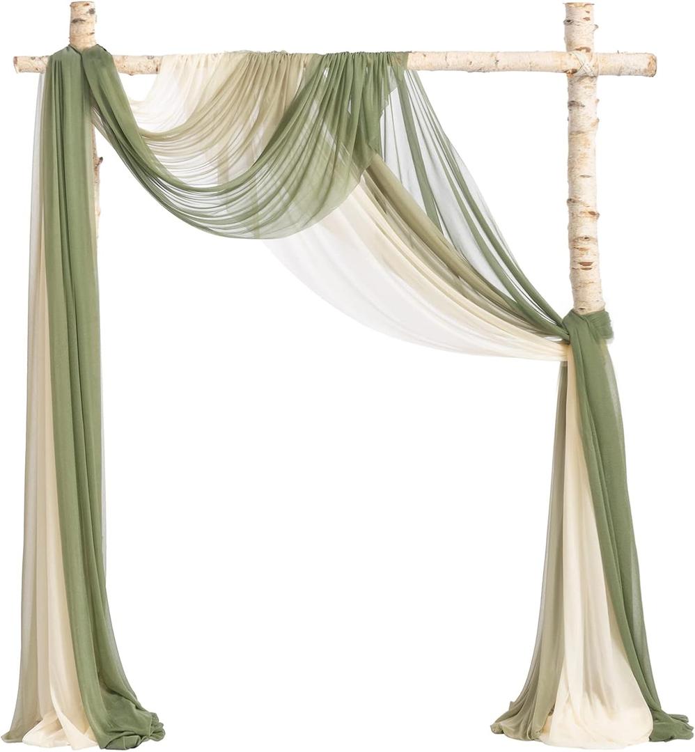 Ling's Moment Deluxe Wedding Arch Draping Fabric, Easy Hanging Chiffon Sheer Drapes, Wrinkle Arbor Backdrop Durable Wedding Decorations for Ceremony Outdoor 3 Panels Curtain,26ft,White & Sage