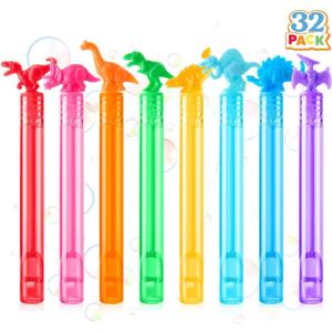 JOYIN 32 Pack Bubbles Party Favors for Kids, 8 Colors Dinosaur Mini Bubble Wands, Goodie Bag Stuffers, Treasure Box Toys, Classroom Prizes for Boys Girls