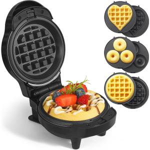 Mini Waffles Maker with 6 Removable Plates, 3 in 1 Small Waffle Maker Mini- Waffle, Heart Waffle, Donut, 4.5" Non Stick Waffle Iron for Kids and Families, Black