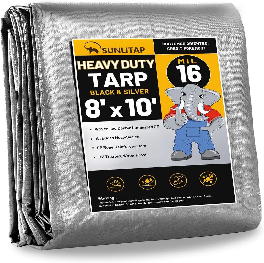16 Mil Heavy Duty Waterproof Tarps, 8x10 Ft Finished Size Tarps, Premium Tarp with Metal Grommets & Reinforced Edge, Multipurpose Thick Poly Tarp for Car, Boat, Roof, Camping - Silver