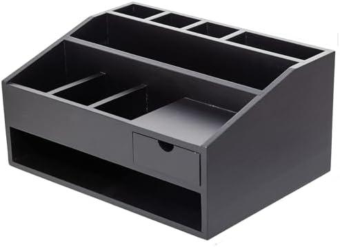 Wooden Office Supply Organizer - File Organizer with Pen Holder Rack & Drawer - Upright Compartments & Shelf Storage for Desk Clutter Management (Black, 37*27*19cm)