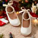 Girls Flower Girl Shoes, Mary Jane Ballet Flats with Pearl Ankle Strap, Princess Dress Shoes for Wedding Party School (Beige), 3 Big Kid