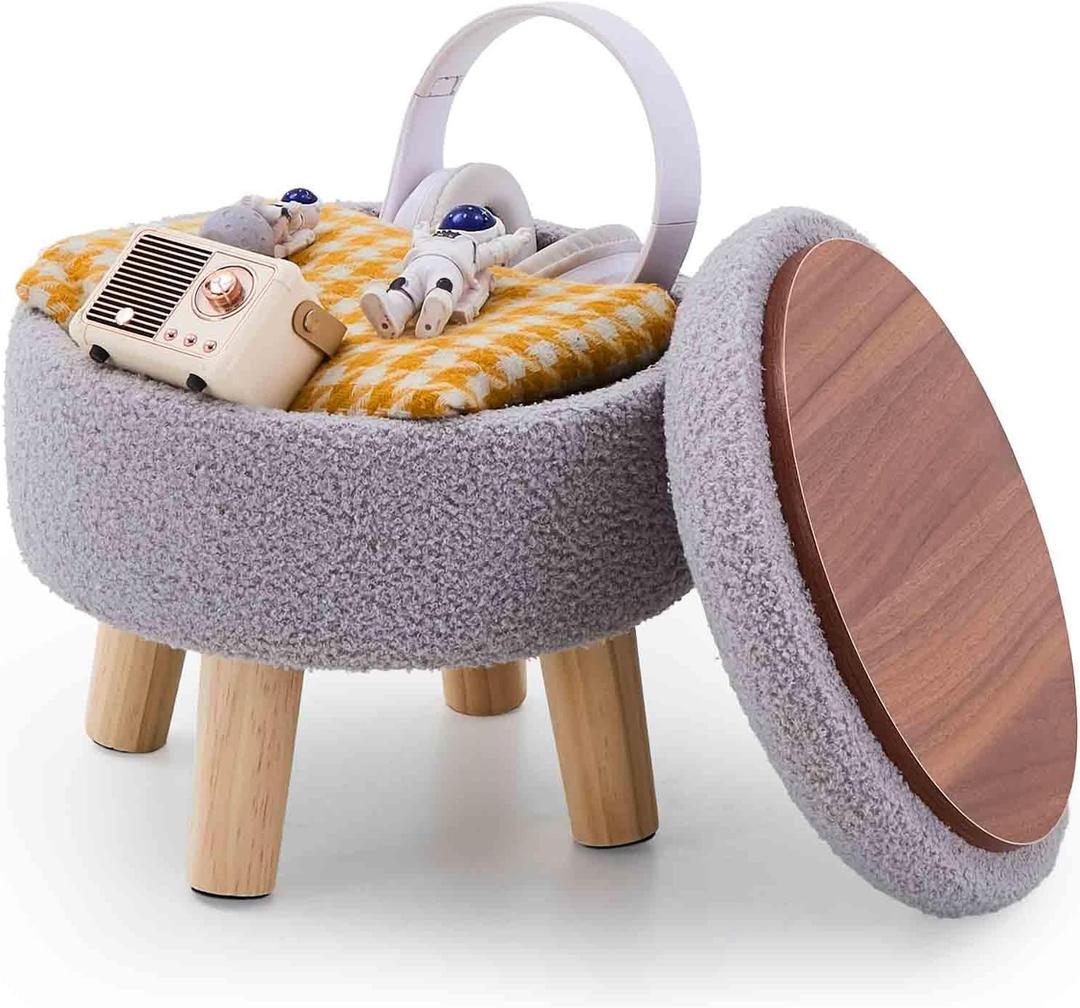 Wimarsbon Storage Ottoman, Modern Round Footrest with Soft Padded Seat, Teddy Velvet Footstool with Wood Legs, Accent Small Table or Plant Stand for Hallway, Living Room (Grey)