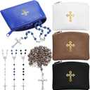 Pack of 8 Rosary Pouch with Catholic Rosary Beads Y-Necklace Set for Women PU Leather Holder with Zipper and Gold Cross Imprint Case Portable Religious Bag for Travel (Classic Colors)