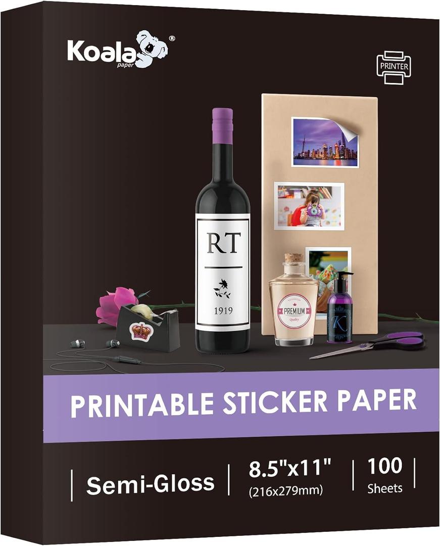 Koala Semi Glossy Sticker Paper for Inkjet & Laser Printer - 100 Sheets 8.5 x 11 Inch Printable Photo Sticker Paper, Work Well with Cutting Machine