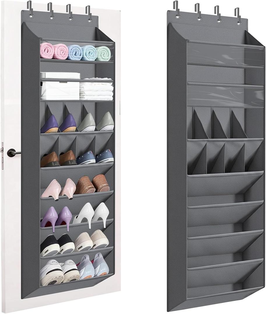 Over The Door Shoe Organizer - 8-Shelves Hanging Shoe Rack with Exlarge Deep Pockets | Behind Door Space Saving for Apartments, Dorms, RV Closets | Anti-Slip Oxford Fabric (14-Pocket, Gray) (Grey)