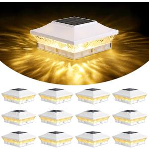 Brightever 3.5x3.5 4x4 Solar Post Cap Lights Outdoor, 12-Pack Solar Fence Post Lights for Wooden/Vinyl Posts, 2 Modes (Warm/Cool White), Solar Powered Waterproof Deck Post Lights for Patio, White