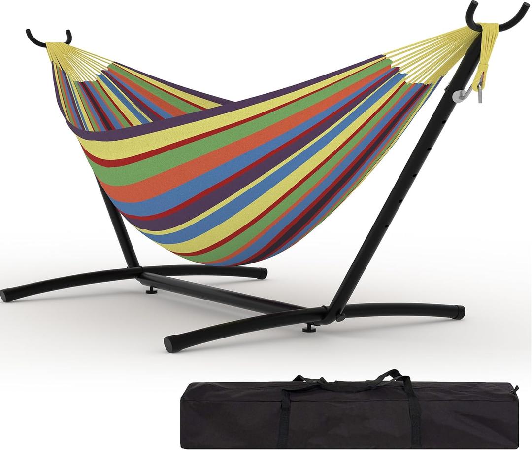 Garvee 2 Person Hammocks with Stand for Outside, Double Hammocks Portable Space Saving Heavy-Duty Steel Stand for Indoor Outdoor Patio with Carrying Bag, 450 lbs Capacity (Yellow Rainbow Stripes)