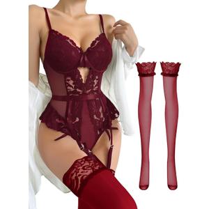 Lilosy Sexy Stocking Lace Mesh Bodysuit Top Underwire Garter Lingerie Set 3 Piece (Small, Wine Red)