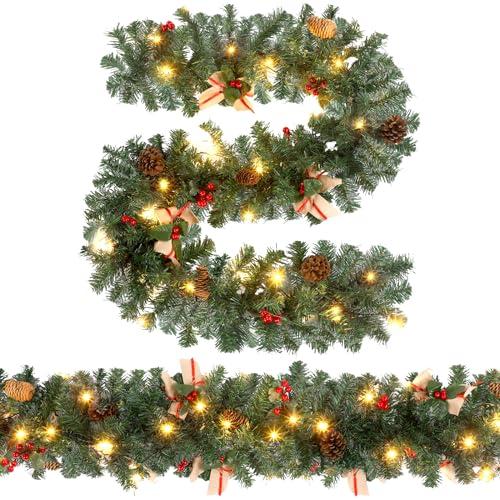Ceenna 2 Pcs 6 ft Christmas Garland with Lights Christmas Prelit Artificial Garland with Pine Berries Decor Christmas Fireplace Decorations for Mantle Banister Indoor Outdoor(Bow)