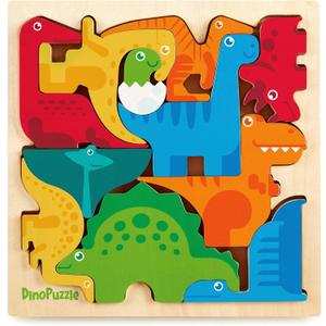 Dinosaur Puzzles for Kids Ages 3-5 - 3D Wooden Jigsaw Puzzle for Toddlers & Kids, 9x 9 Tray, Bright Colorful Shape Sorting, Promotes Creativity & Learning, Non-Toxic Gift Toy