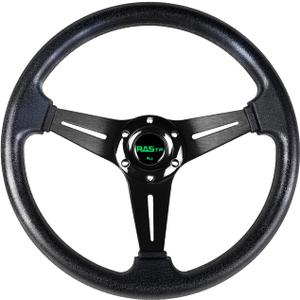 RASTP Universal Racing Steering Wheel 13.8/350mm 6 Bolts Grip Vinyl Leather & Aluminum with Horn Button for Car -Black