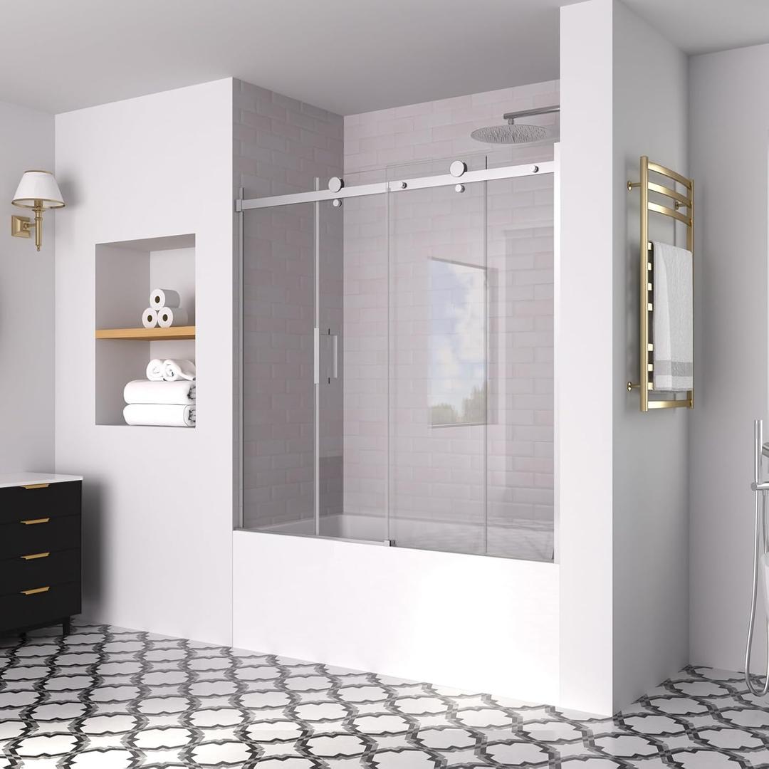 56-60" W x 58" H Frameless Bathtub Sliding Doors, Glass Shower Door for Tub with 5/16" (8mm) Clear SGCC Tempered Glass, Chrome Finish Shower Doors, Reversible Installation