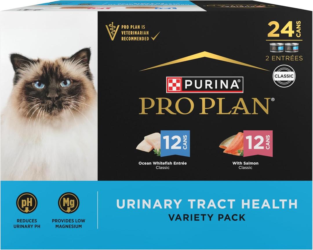 Purina Pro Plan Urinary Tract Health Pate Cat Food Variety Pack, Ocean Whitefish And With Salmon Entrees - (Pack of 24) 3 oz. Cans (EXP 02/22/28)