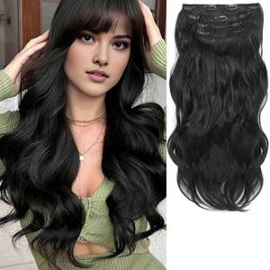 Clip in Hair Extensions 20 Inch 4PCS Synthetic Wavy Hairpieces for Women - Soft Thick Double Weft for Daily Party Use (1B)