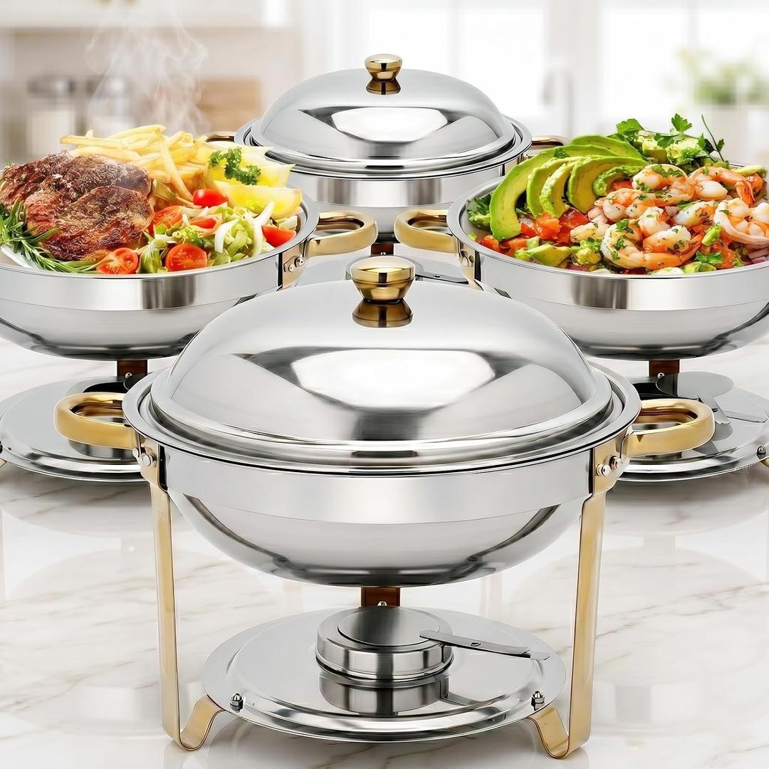 Chafing Dishes for Buffet 4 Pack, 7.5QT Round Stainless Steel Chafing Dish Buffet Set, Gold & Silver Food Warmers for Parties Catering Wedding Banquet, Buffet Servers and Warmers