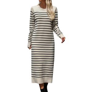 Womens Striped Sweater Dress Fall Knit Crewneck Long Sleeve Baggy Casual Long Dress Loose Autumn Winter Midi Dresses (S)