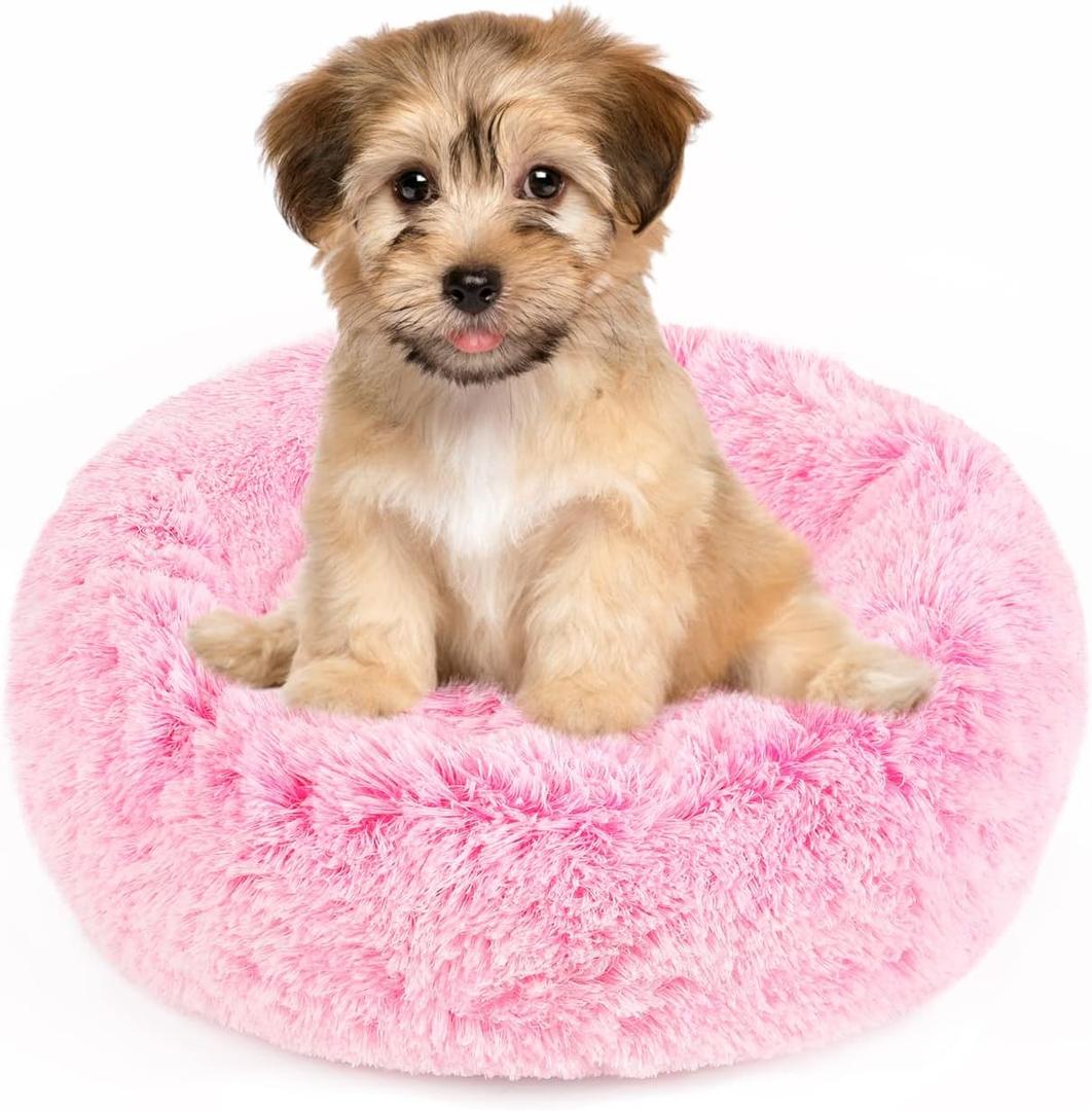 NOYAL Calming Donut Dog Bed for Small to Medium Dogs & Cats - Plush Faux Fur Anti-Anxiety Pet Bed with Machine Washable Cover & Non-Slip Base (Gradient Pink)