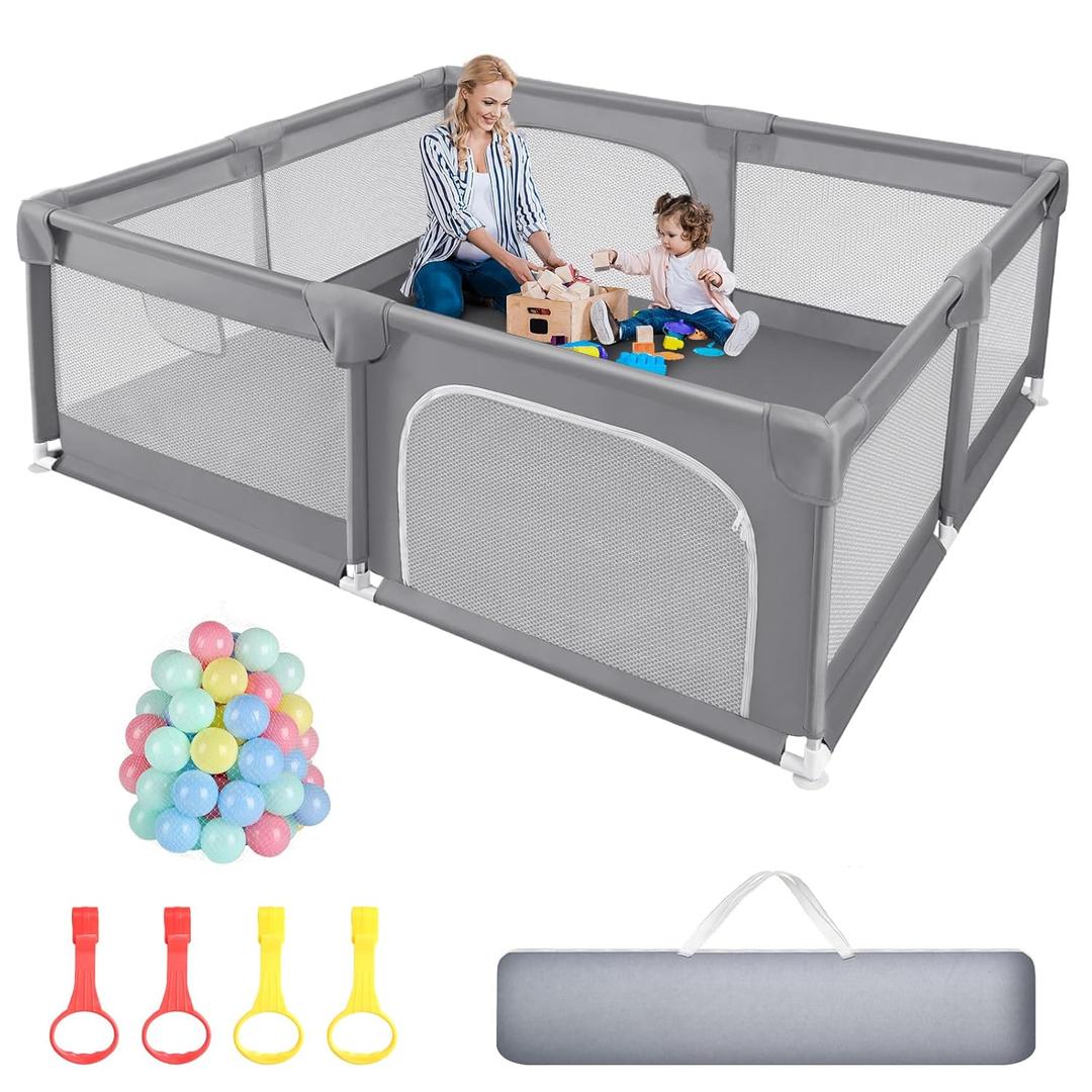 Sour Lemon Baby Playpen 79x71 inch Extra Large Playpen for Babies and Toddlers, Baby Fence Play Pen Yard with Safety Gate Fence with 50 Ocean Balls 4 Pull Rings for Kids Indoor Outdoor (Grey)