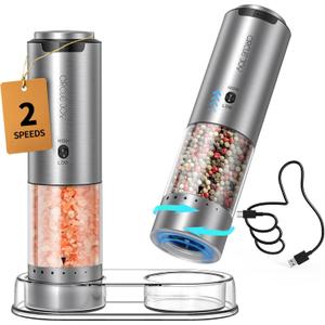 CIRCLE JOY Electric Salt and Pepper Grinder Set Stainless Steel Rechargeable Salt and Pepper Grinder Set, Variable Grinding Speed, External Adjustable Coarseness, Storage Base, White LED Light, Silver