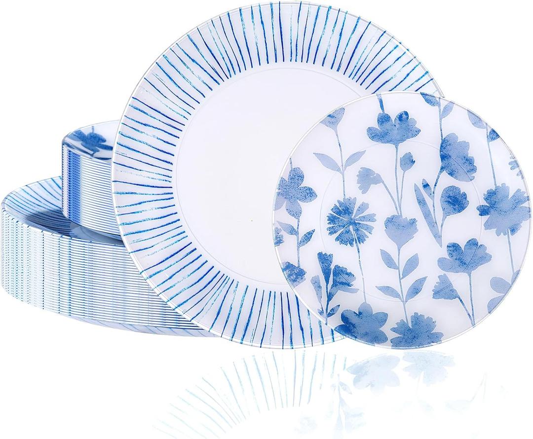 U-QE 50Pcs Blue Plastic Plates - Botanical Stripes Plates Disposable Heavy Duty, Fancy Floral Pattern Perfect for Weddings, Tea Parties, Holidays - 10.25" Dinner & 7.5" Dessert Plastic Plate