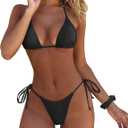 MOSHENGQI Women Sexy Brazilian Bikini 2 Piece Spaghetti Strap Top Thong Swimsuit Bathing Suit (Black, S)