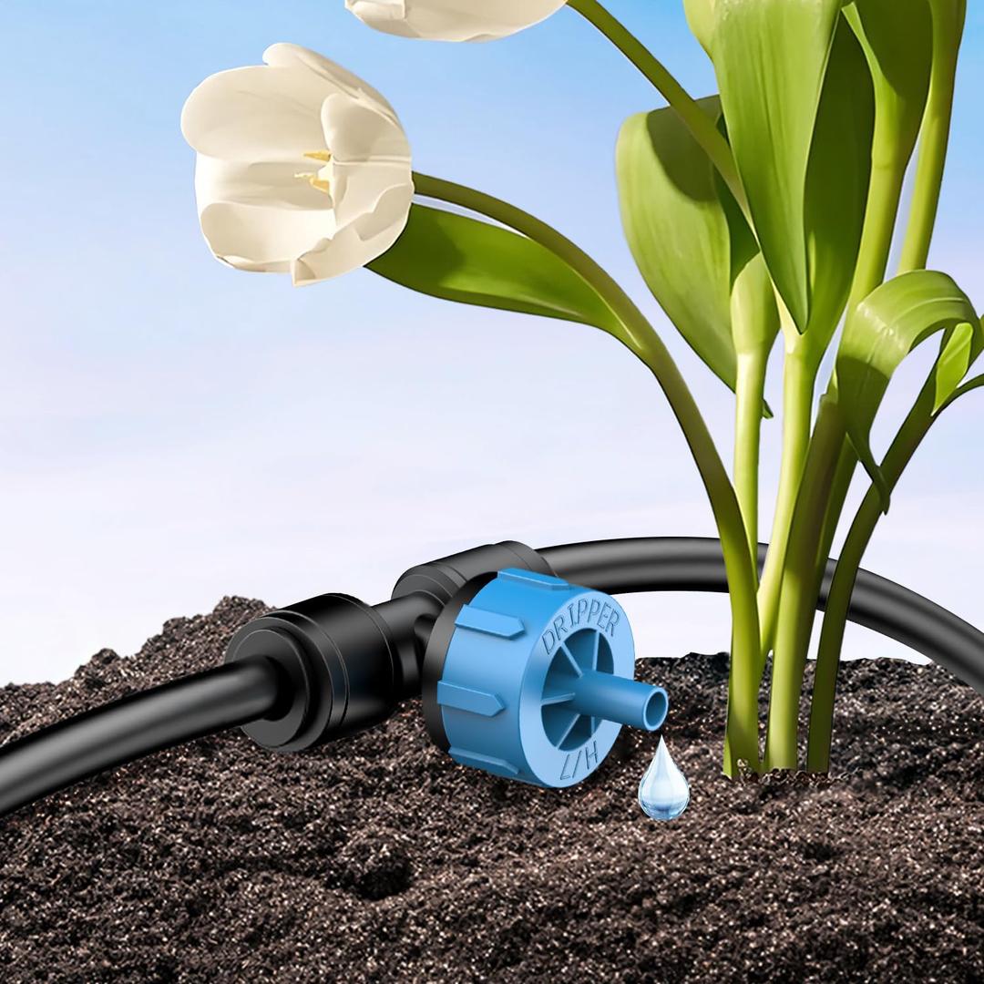 Pawfly Push-to-Fit Drip Irrigation Emitters 1 GPH Pressure Compensating Drippers with Constant Water Flow Irrigation Drippers Drip Emitters Drip Irrigation System Parts for 1/4 Inch Tubing, 30 Pcs