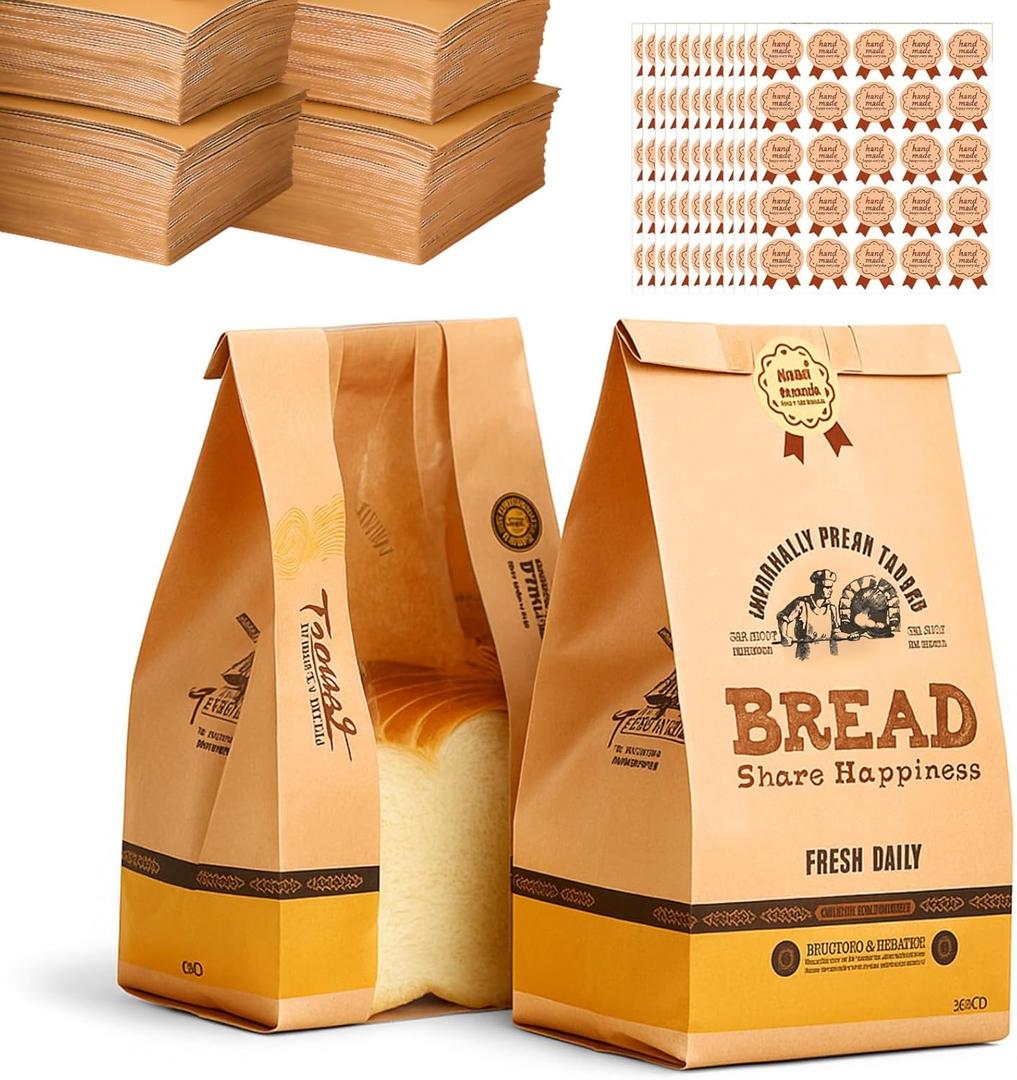 300 Pack Kraft Paper Bread Bags for Homemade Bread w/Clear Window & Seal Stickers | 11.8x4.7x3.5in Medium Bakery Bags Used for Baked Goods Packaging, Sourdough Storage Cookies, Snacks