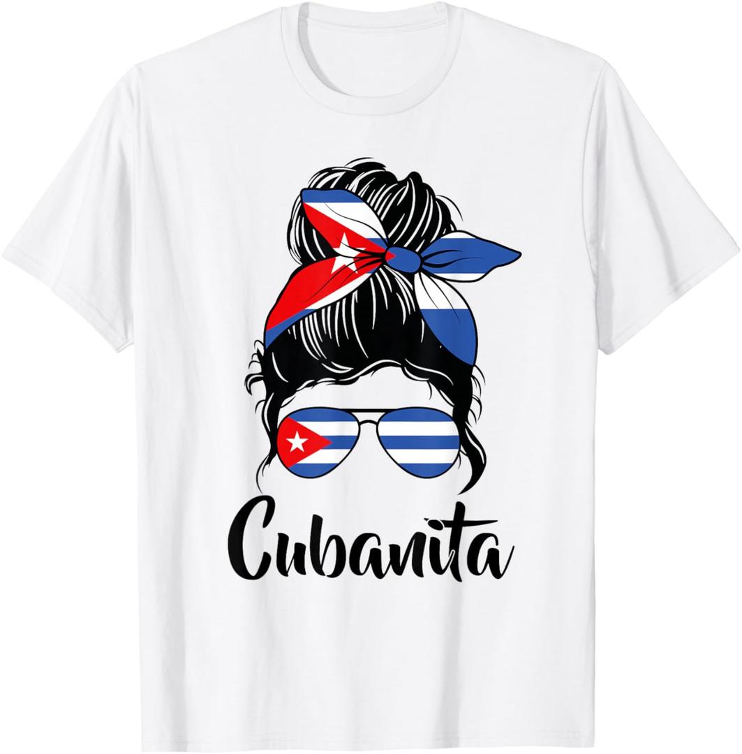 Cubanita Messy Bun Cubanita Cuban Flag Messy Hair Woman Bun T-Shirt, Men Fit Type