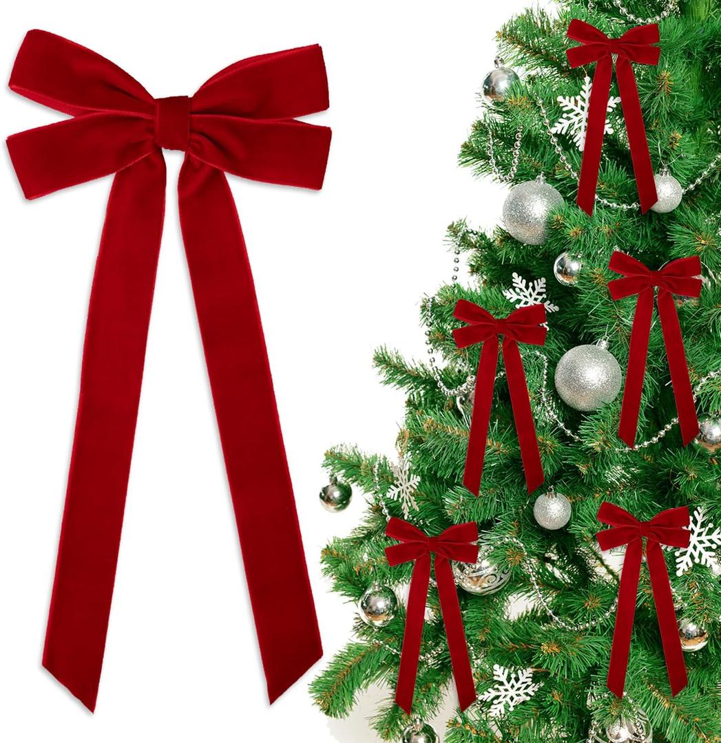 12 PCS Red Velvet Christmas Bows Ornaments Decorations, 10.2'' Vintage Long Velvet Bows Decor Ornaments for Christmas Tree Wreath Mantle Stair Gift Wrap, 0.98 W/5.11 * 10.23 inch