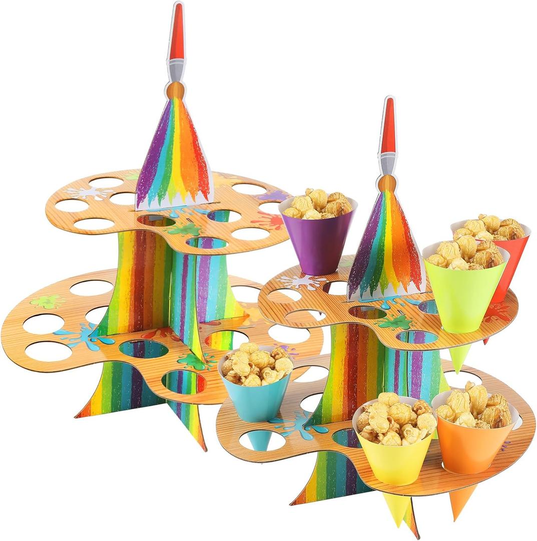 2 Pcs Art Paint Party Treat Stand with 48 Treat Cones Multicolor Paint Cupcake Stand Art Theme Painting Splatter Holder Dessert Holder Decoration for Birthday Baby Shower Supplies